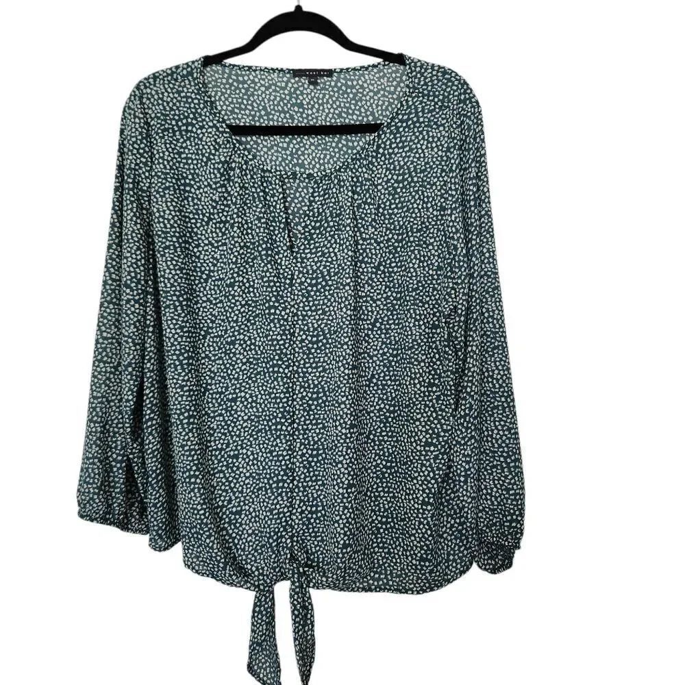 West Kei Women's Green Patterned Top Lightweigh5 Tie Bottom V-Neck Size XL